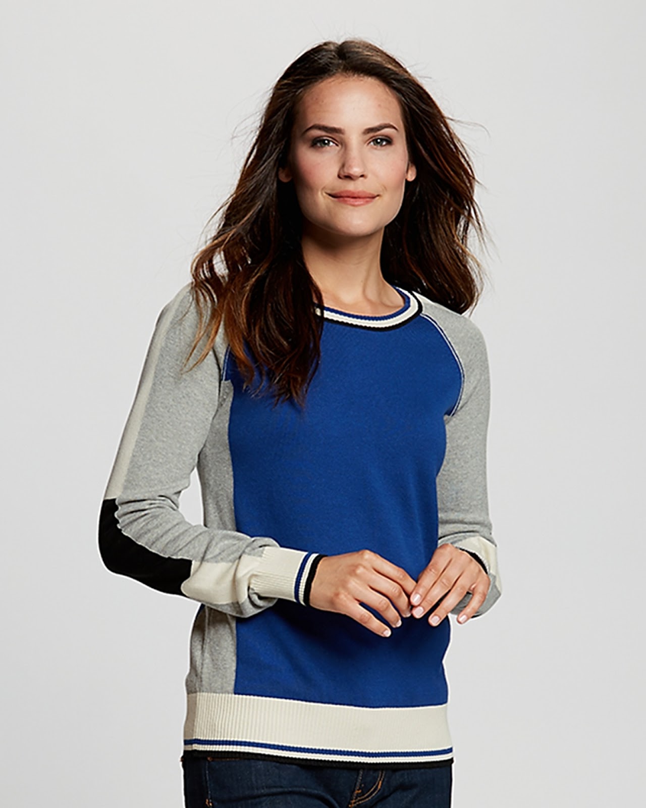 Woman wearing Cutter & Buck Womens Stride Colorblock Sweater in Tour Blue/Blue and Grey