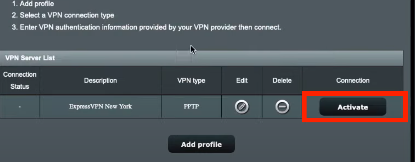 Screenshot of Asus Wi-Fi router VPN client activation page
