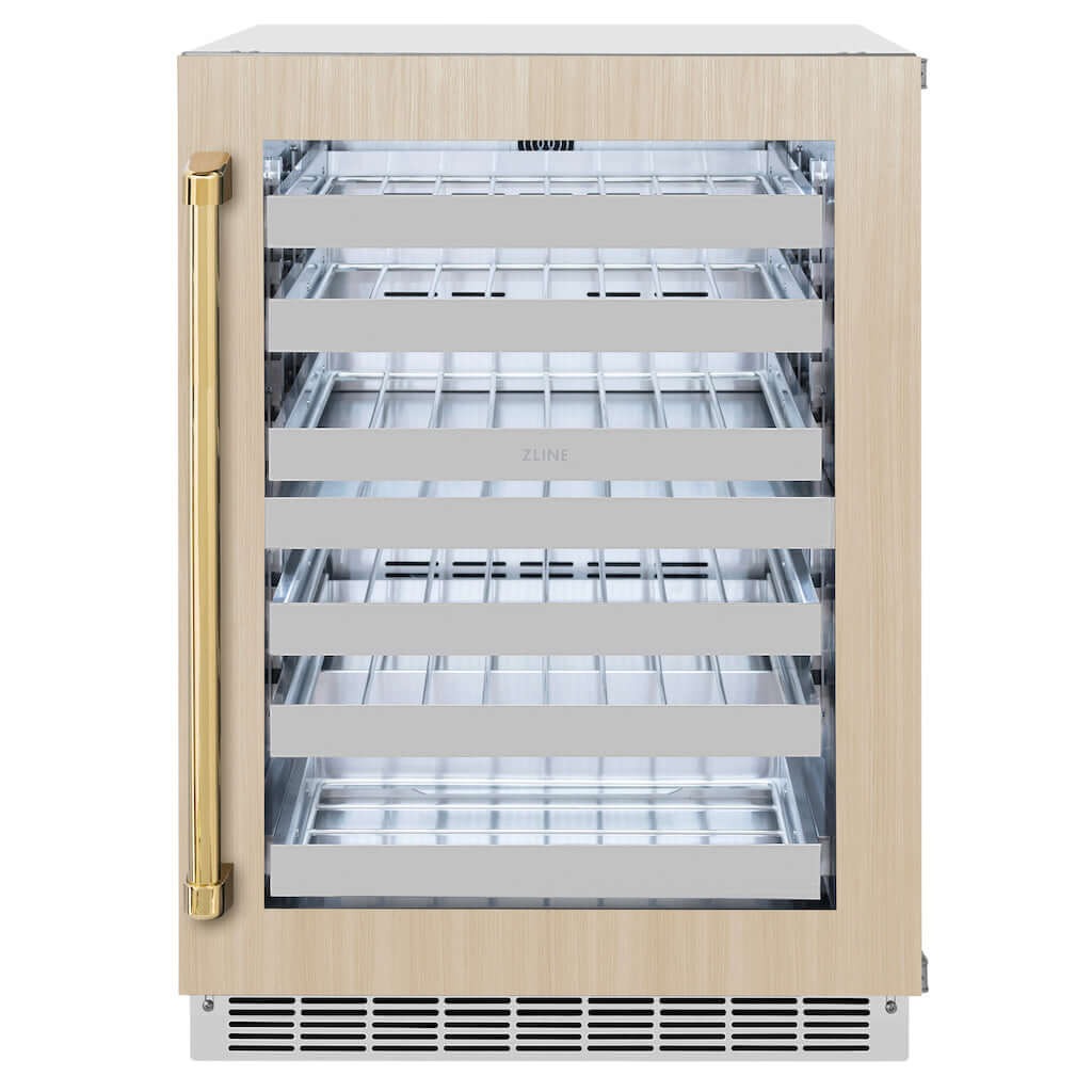ZLINE Autograph Edition 24 in. Touchstone Dual Zone 44 Bottle Wine Cooler With Panel Ready Glass Door And Polished Gold Handle (RWDPOZ-24-G)-white background