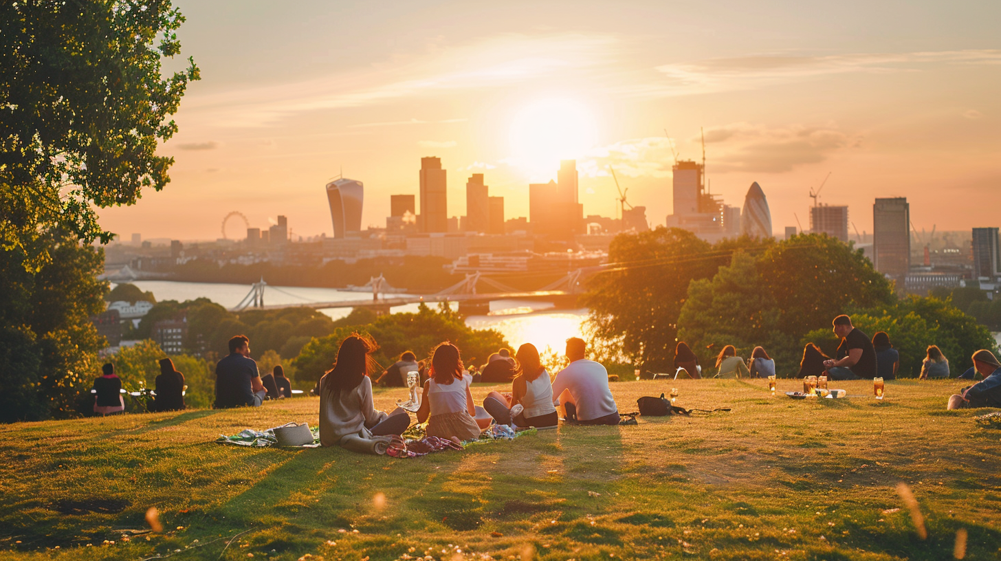 A group of people sitting on the grass at a park, a great way to experience London on a budget