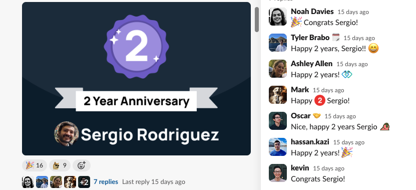 employee work anniversary announcement and comments in Slack via GoProfiles 