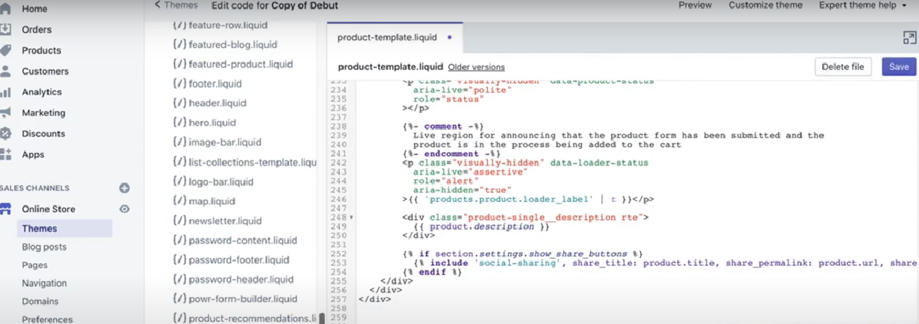 Editing the Liquid code on Shopify.