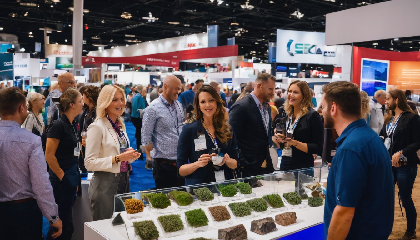 A group of diverse exhibitors showcasing products at a Dallas trade show.