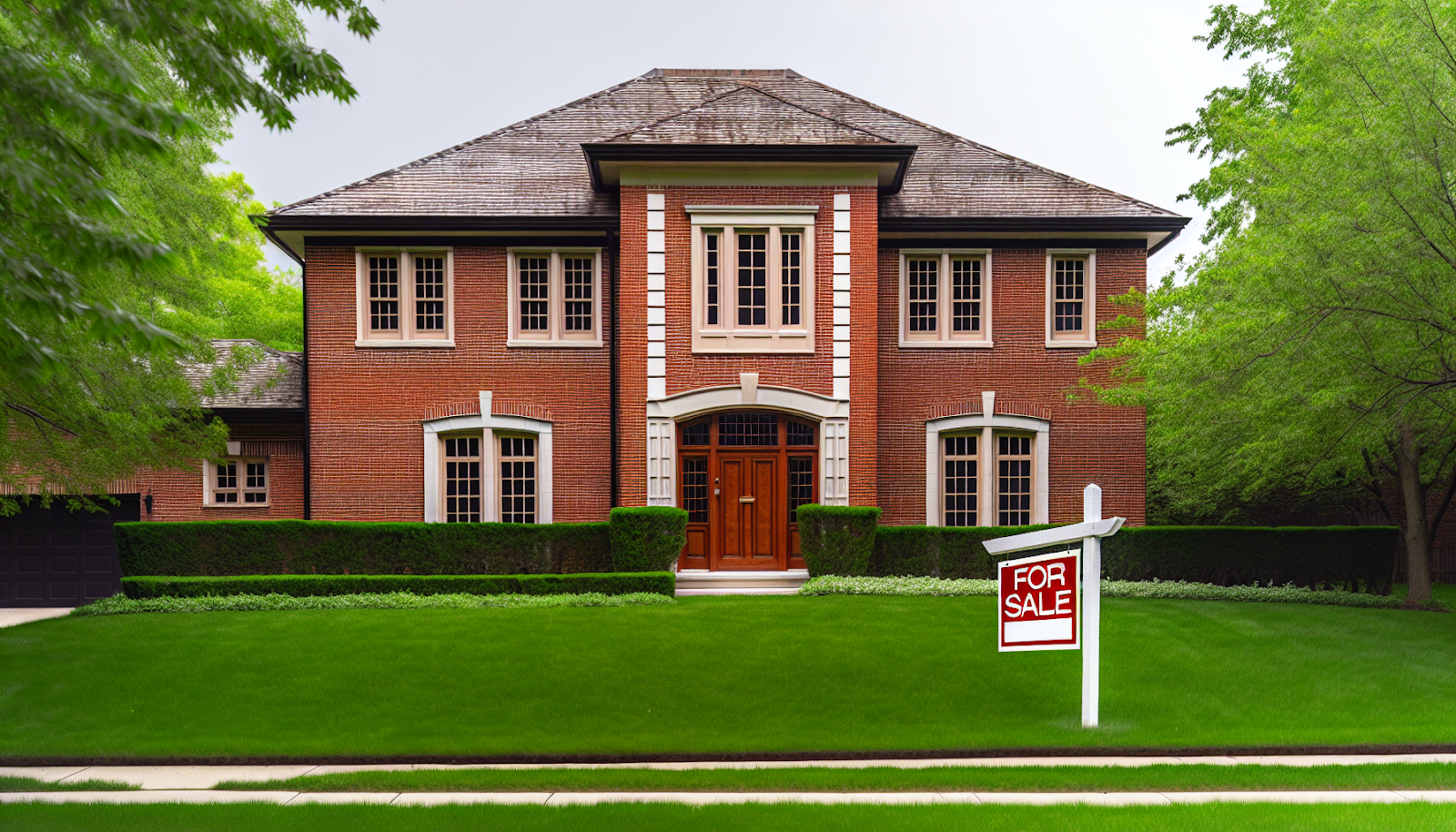 Elegant brick house with manicured lawn and 'For Sale' sign in the front yard, illustrating the potential investment and curb appeal of brick homes.