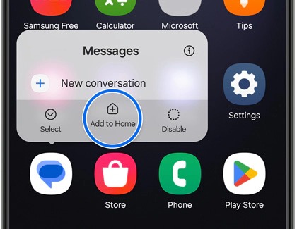 Messages app listing options with Add to Home highlighted on a Galaxy phone