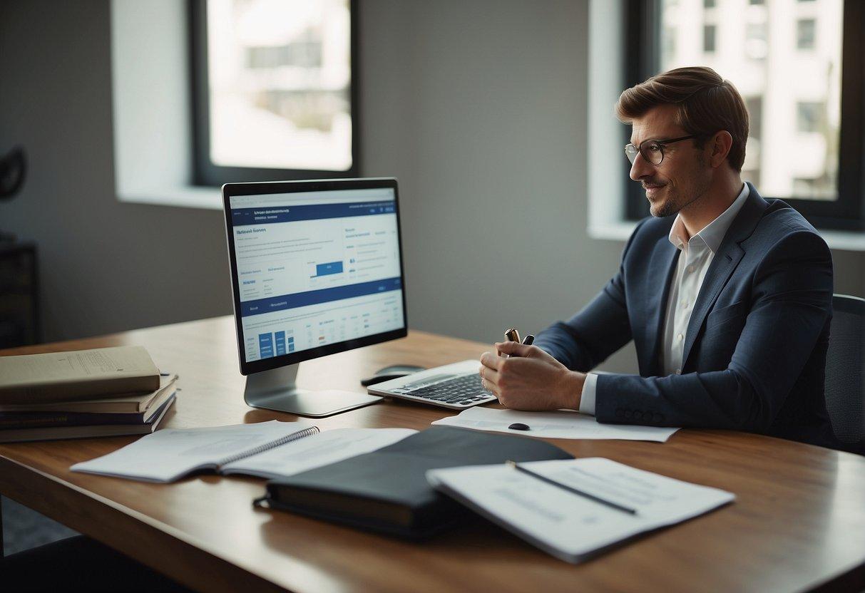 A person sitting at a desk with a career coach, discussing goals and reviewing resumes. Books and a computer on the desk