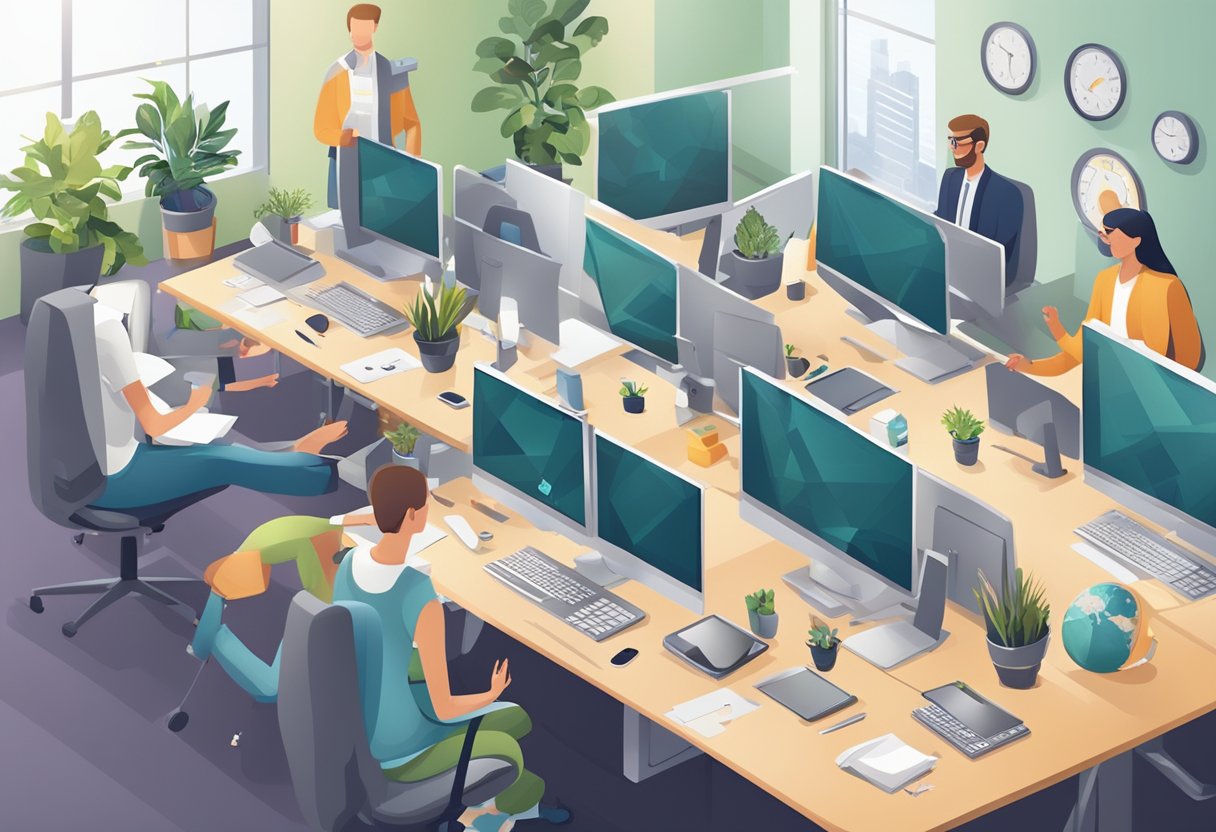 A bustling office with employees engaged in wellness activities, such as yoga or meditation, while surrounded by modern technology and ergonomic workstations