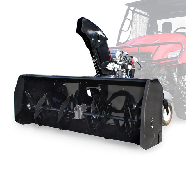 An image of the CFMoto UForce Versatile Plus Snowblower mounted on the front of a UTV with a blank background