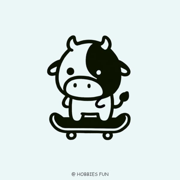 Cow on a Skateboard Drawing Cute