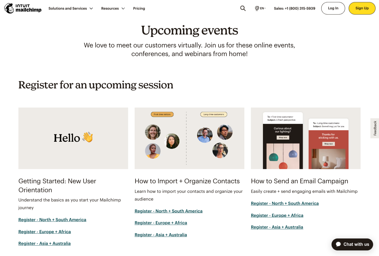screenshot showing Mailchimp's events page with sessions for new users