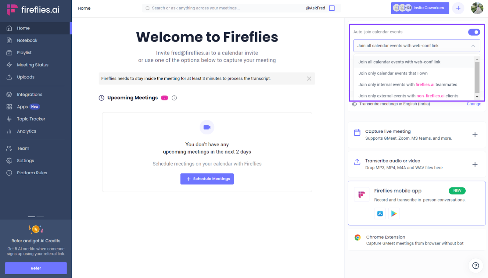 Fireflies auto-join settings