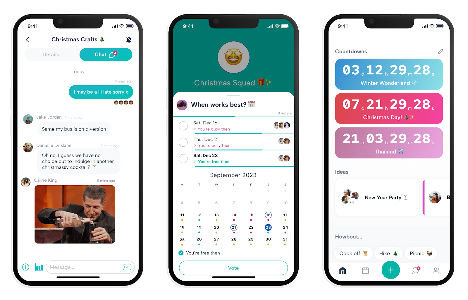 Three phone screenshots from the Howbout app, the shared calendar to make more plans with friends. Instantly see who's free and talk on built in chats. Count down to your favourite plans. 