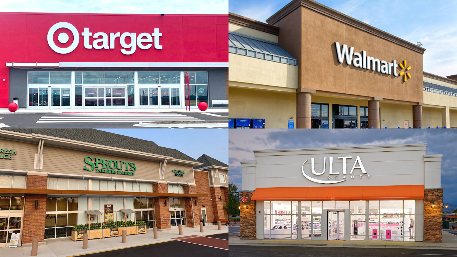 4 large big box retailers: Target, Walmart, Sprouts, Ulta