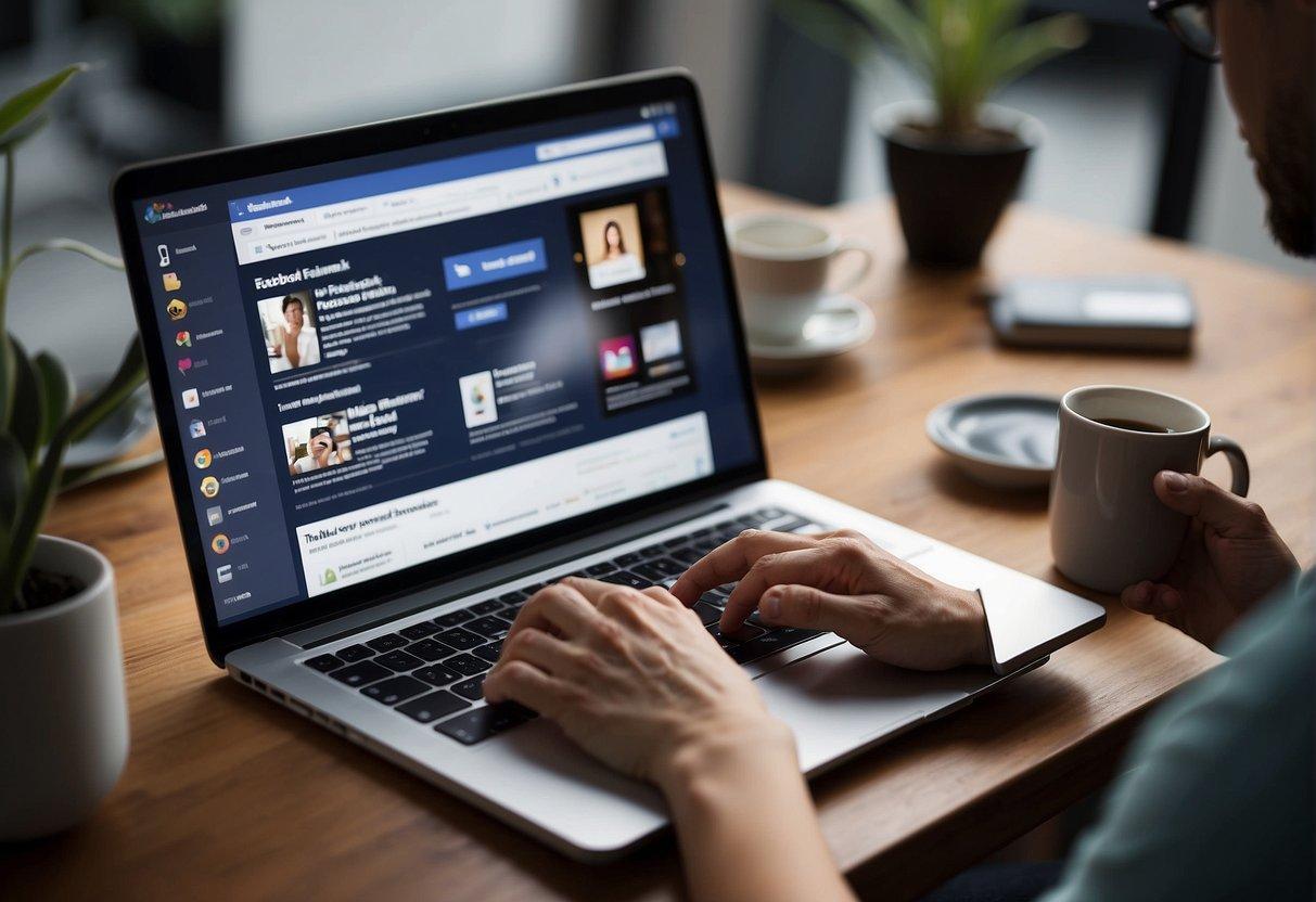 A person using a laptop to create and manage Facebook ads across different platforms. The screen shows the basics of Facebook Ads 101 for beginners | FintechZoom