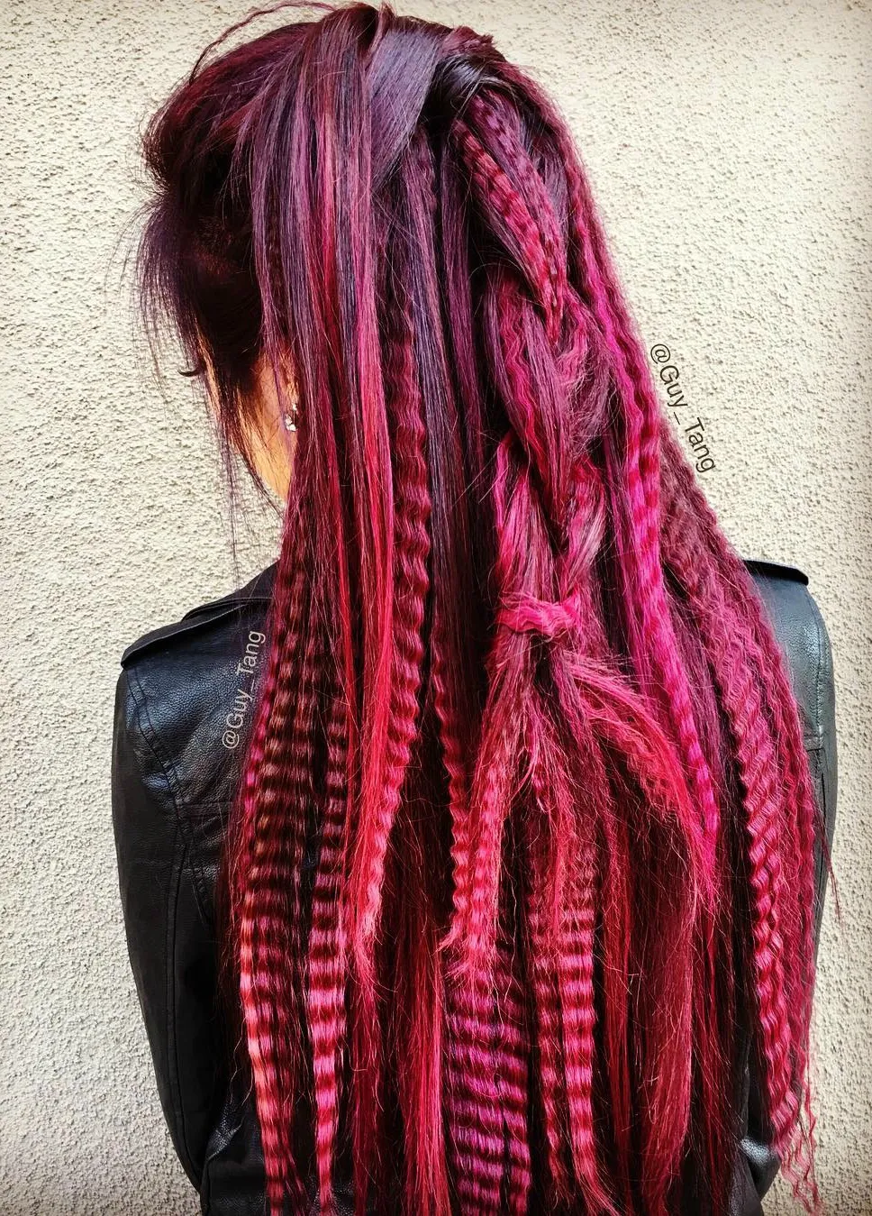 Back view of wine colored crimped and braided layers