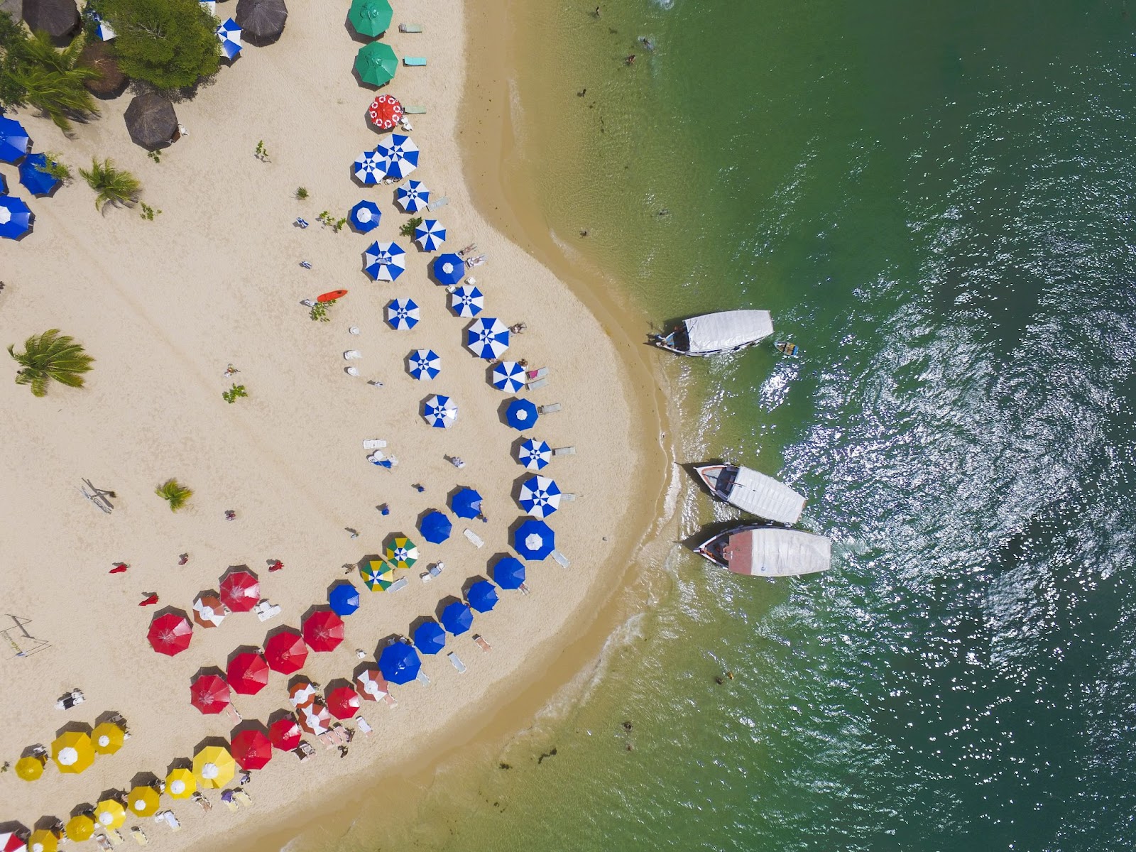 Praia da Gamboa vista de cima, com diversos guarda-sóis coloridos enfileirados na areia ao lado esquerdo, em frente ao mar esverdeado com três barcos à margem.