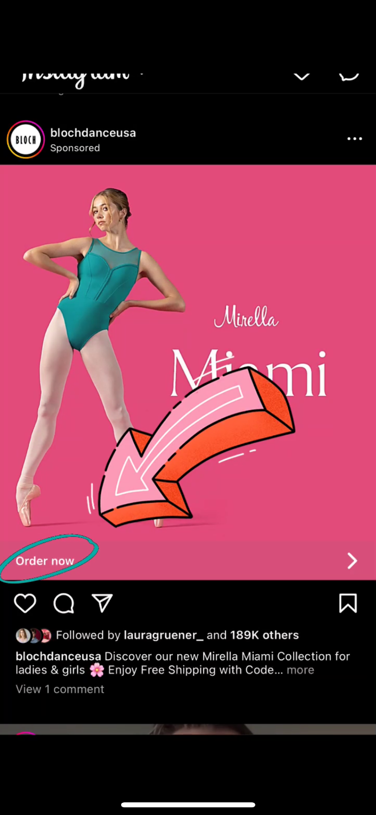 Screenshot of an Instagram ad from Bloch Dance USA featuring an "order now" CTA