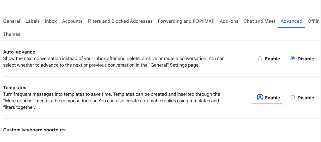 option to enable templates in Gmail settings