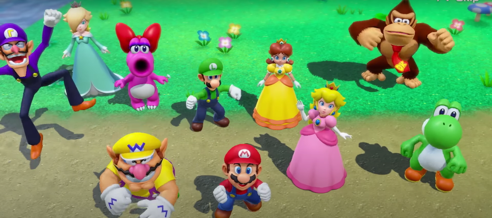 A trailer screenshot of the different playable characters from Mario Party Superstars. 