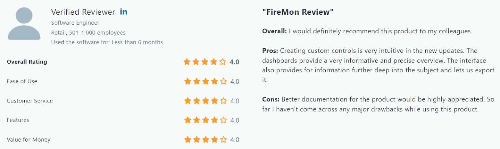 This image gives a user review about FireMon, one of the Qualys alternatives. It is taken from Capterra.