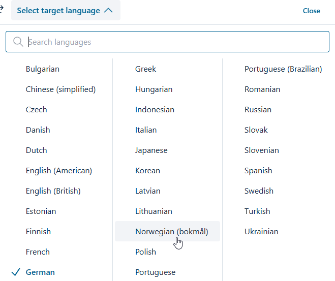 deep L - languages available