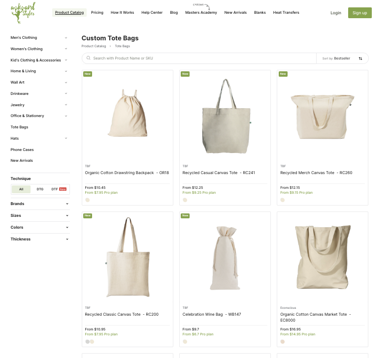 Awkward Styles webpage showing custom tote bag offerings