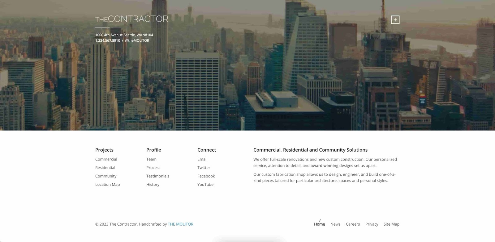The contractor website with background image header and a white footer highlighting the projects, profile, and contact information