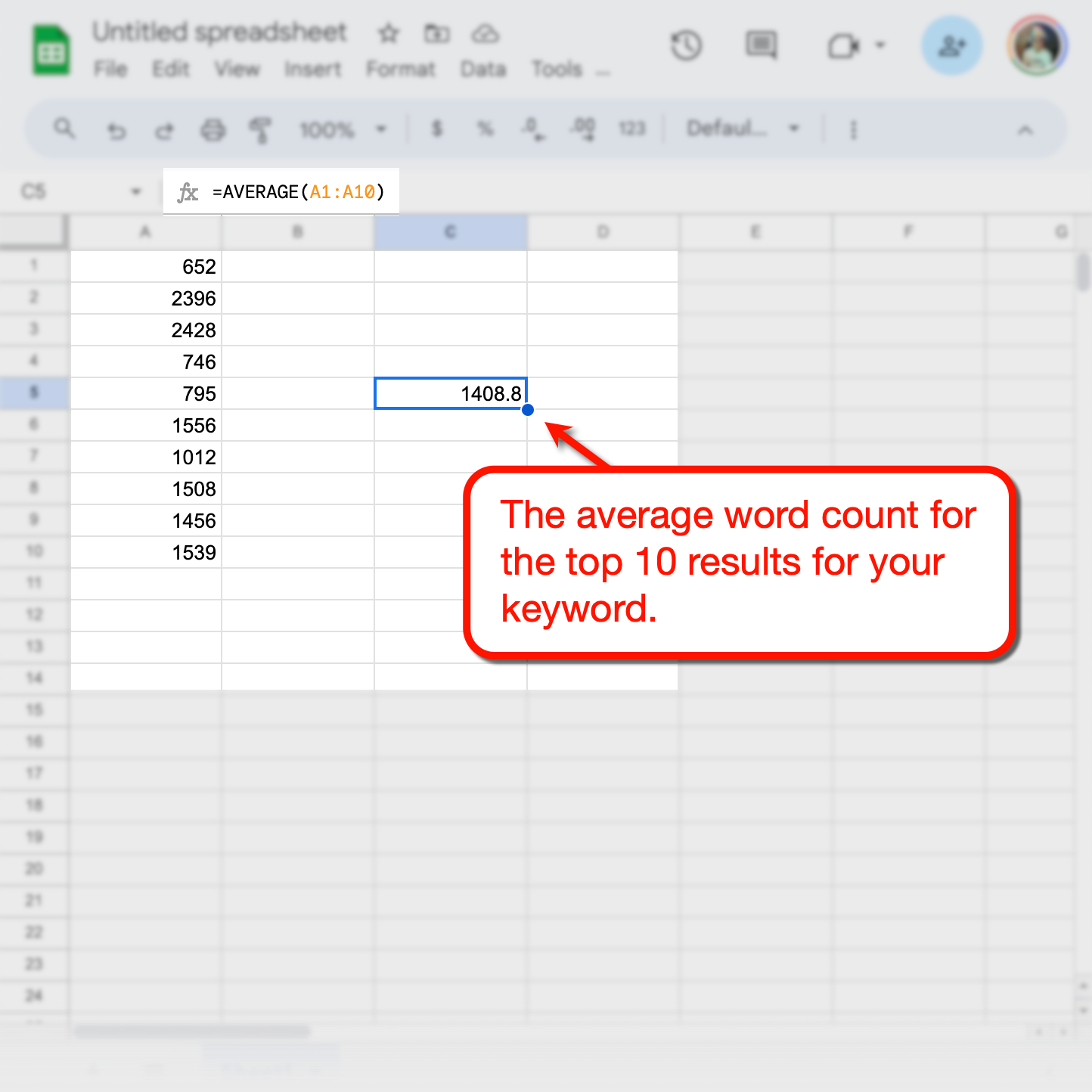 Google Sheets calculated average word count