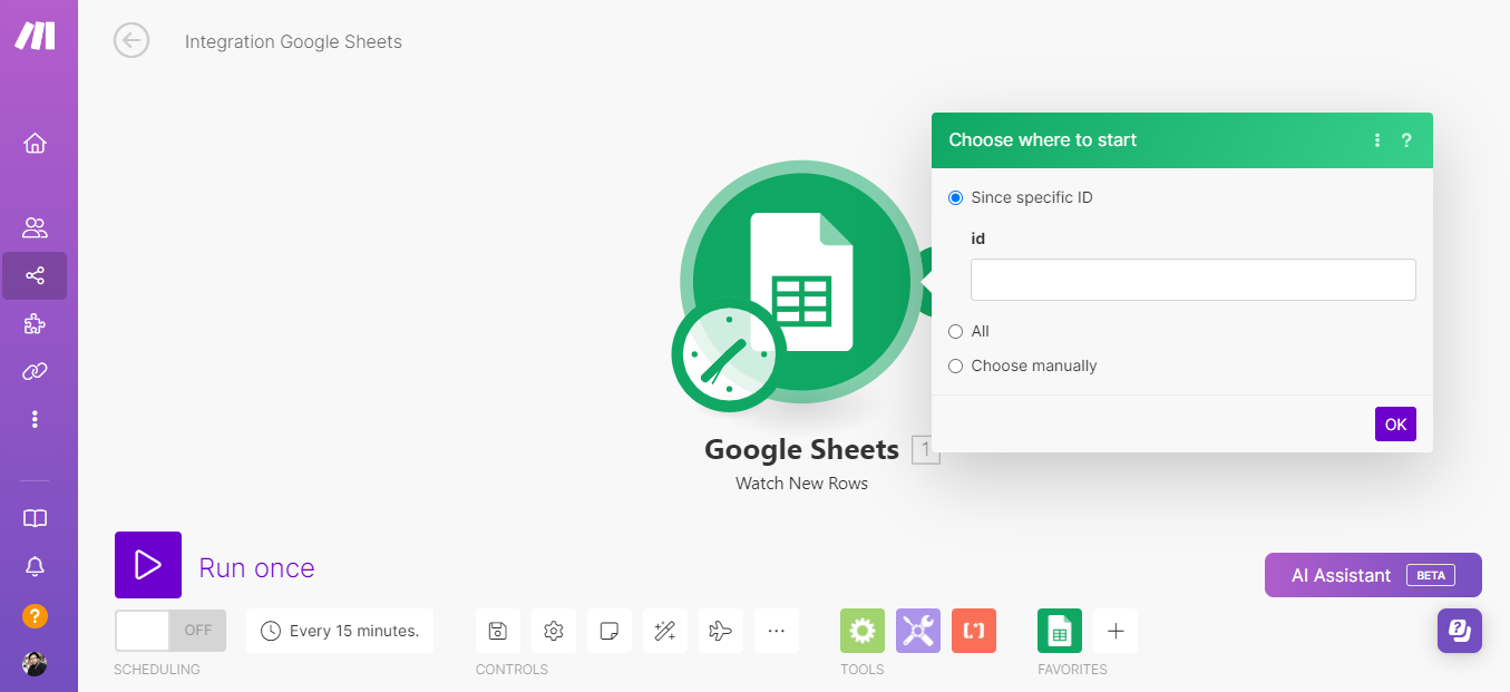 choose where to start in the Google sheet module