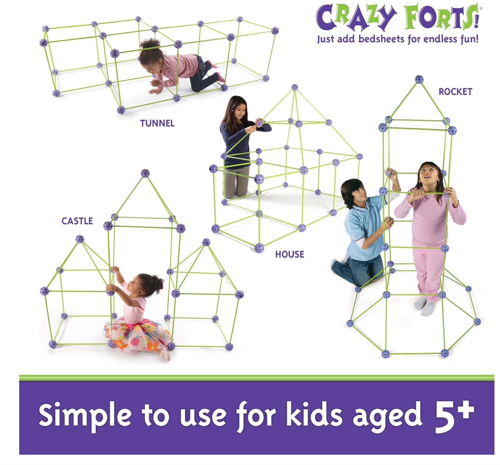 Fuel your child's imagination with the Crazy Forts Kit. This building set allows kids to create their own secret hideaways, forts, and play spaces. With easy-to-connect rods and balls, the possibilities are endless. Watch as their creativity takes shape in the form of fantastical forts.
