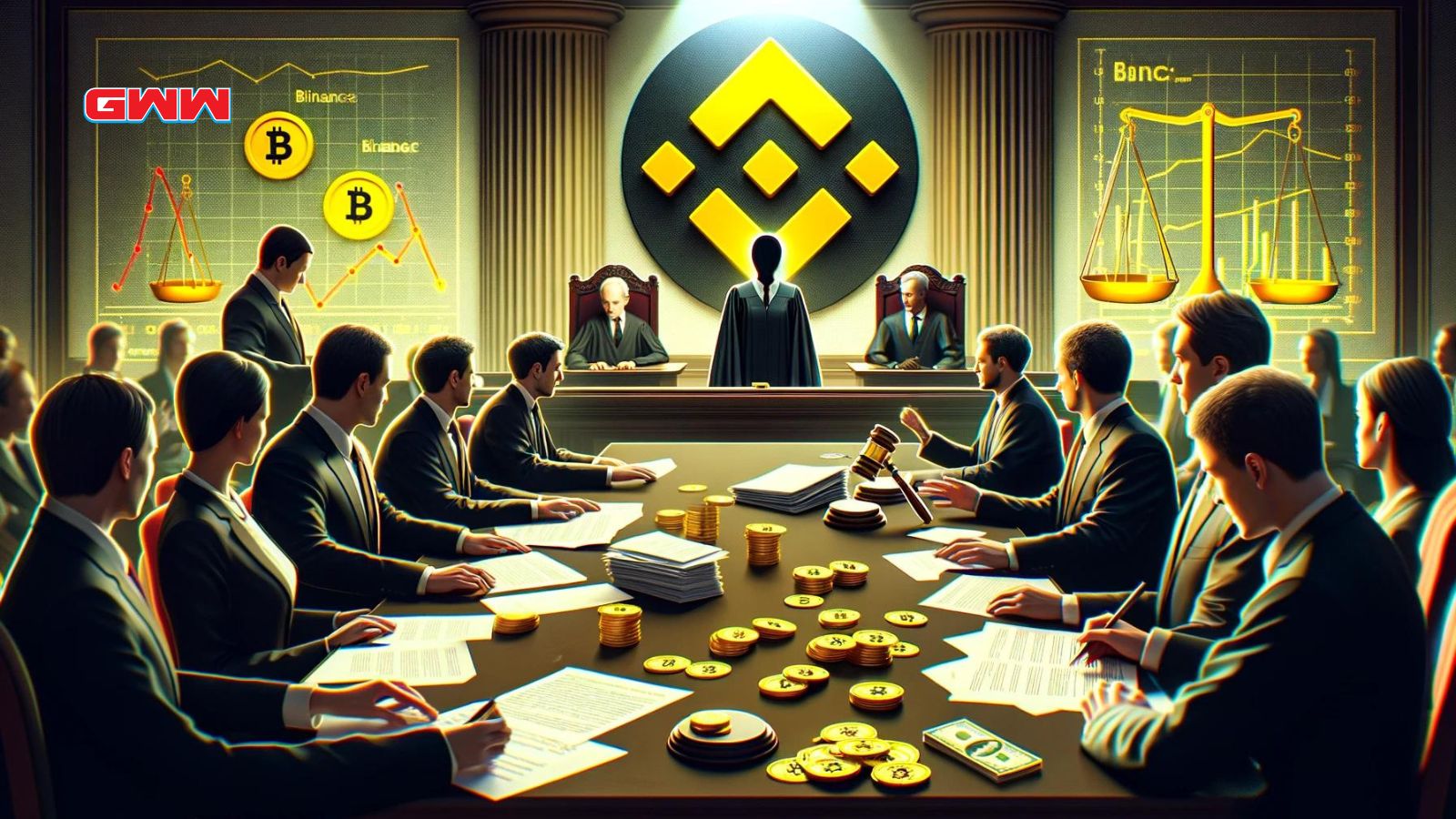 Binance logo in courtroom, legal professionals, and Bitcoin symbols on screens