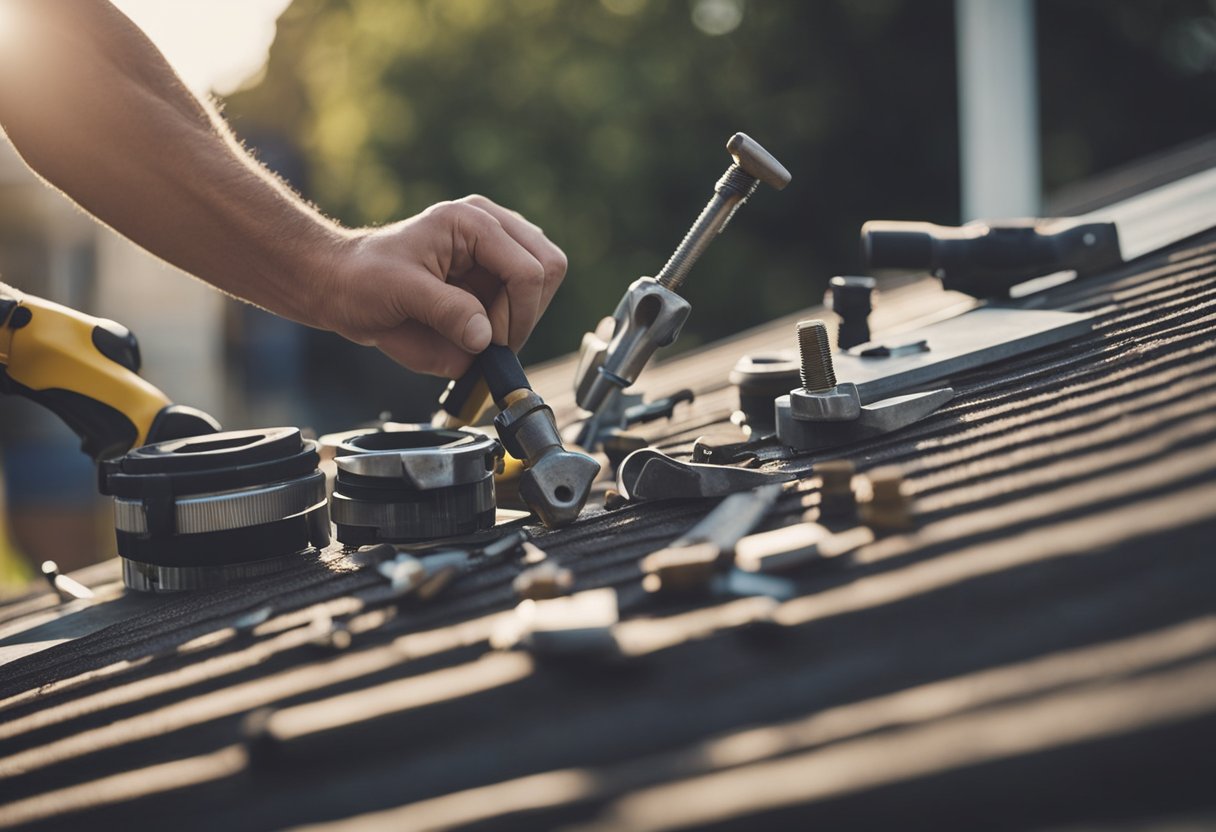 A DIYer struggles with tools and materials on a sloped roof. Nearby, a professional effortlessly and confidently makes repairs