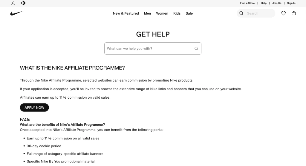 Nike affiliate program home page