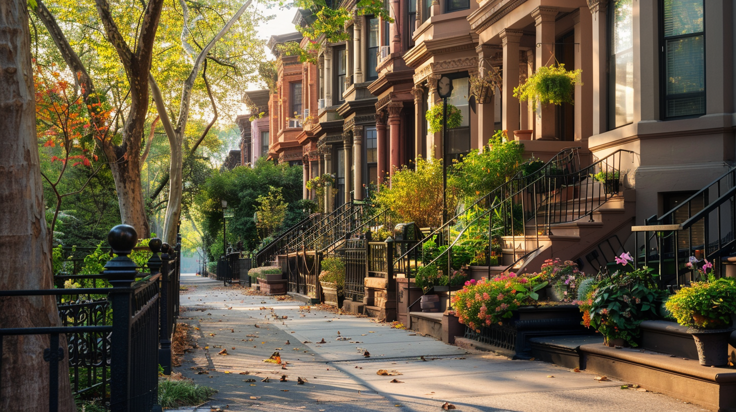 A line of brown brick houses of a serene neighborhood in New York City