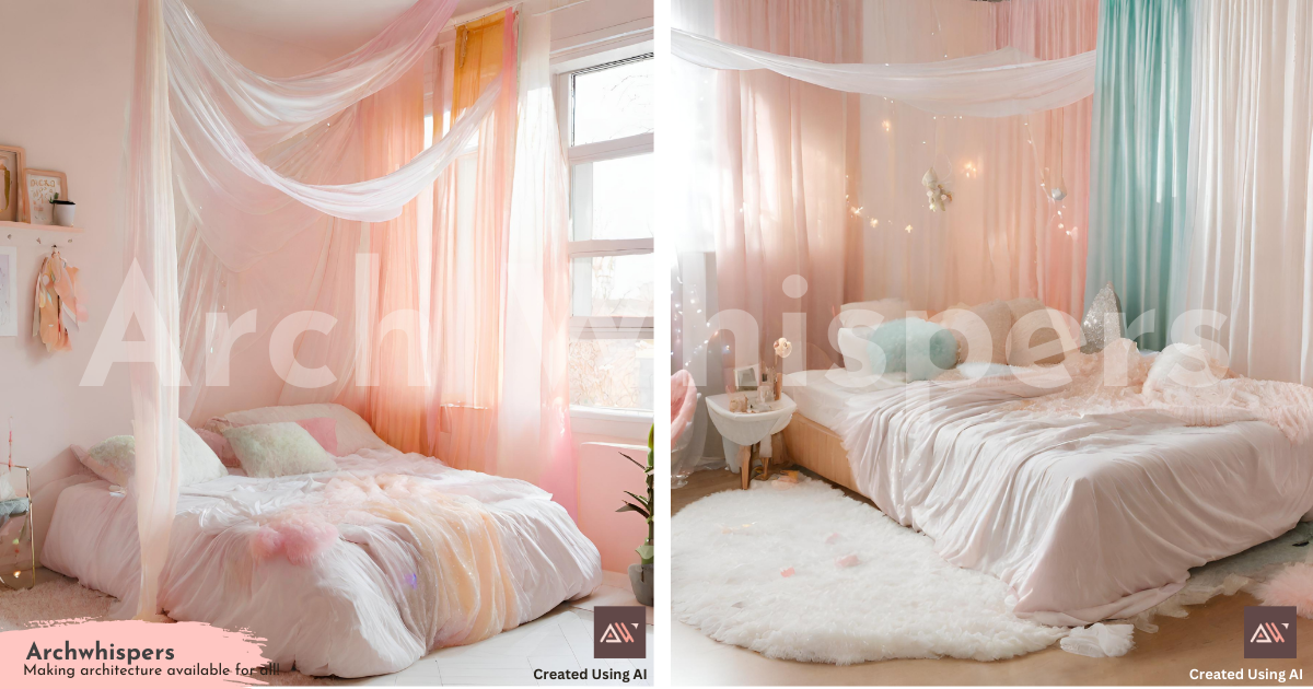 A Collage of a Bedroom With Dreamy Sheer & Pastel Curtains & White Rugs