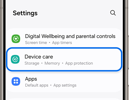Device care tab highlighted in the Settings