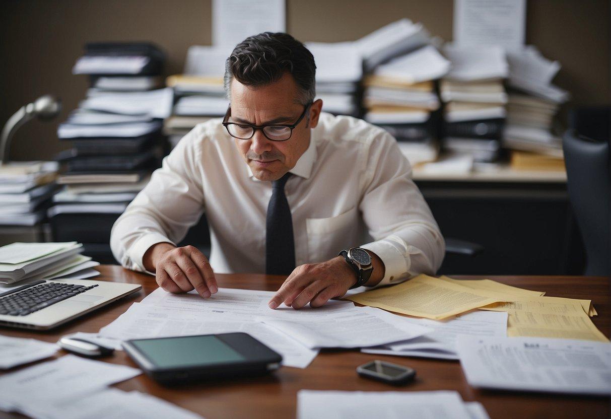 A person sits at a desk, surrounded by paperwork and financial documents. They are carefully reviewing options for managing and repaying bad credit loans, seeking advice and strategies to improve their financial situation