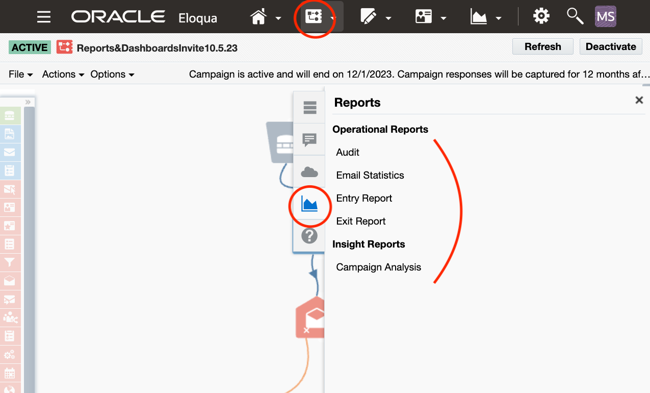 Image of the multi-step Campaign interface depicting the reporting navigation and links