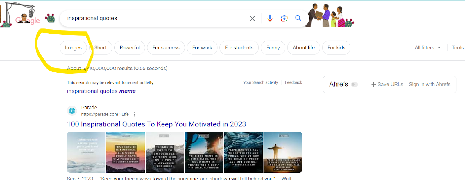 Screenshot of Google rankings including quote memes.