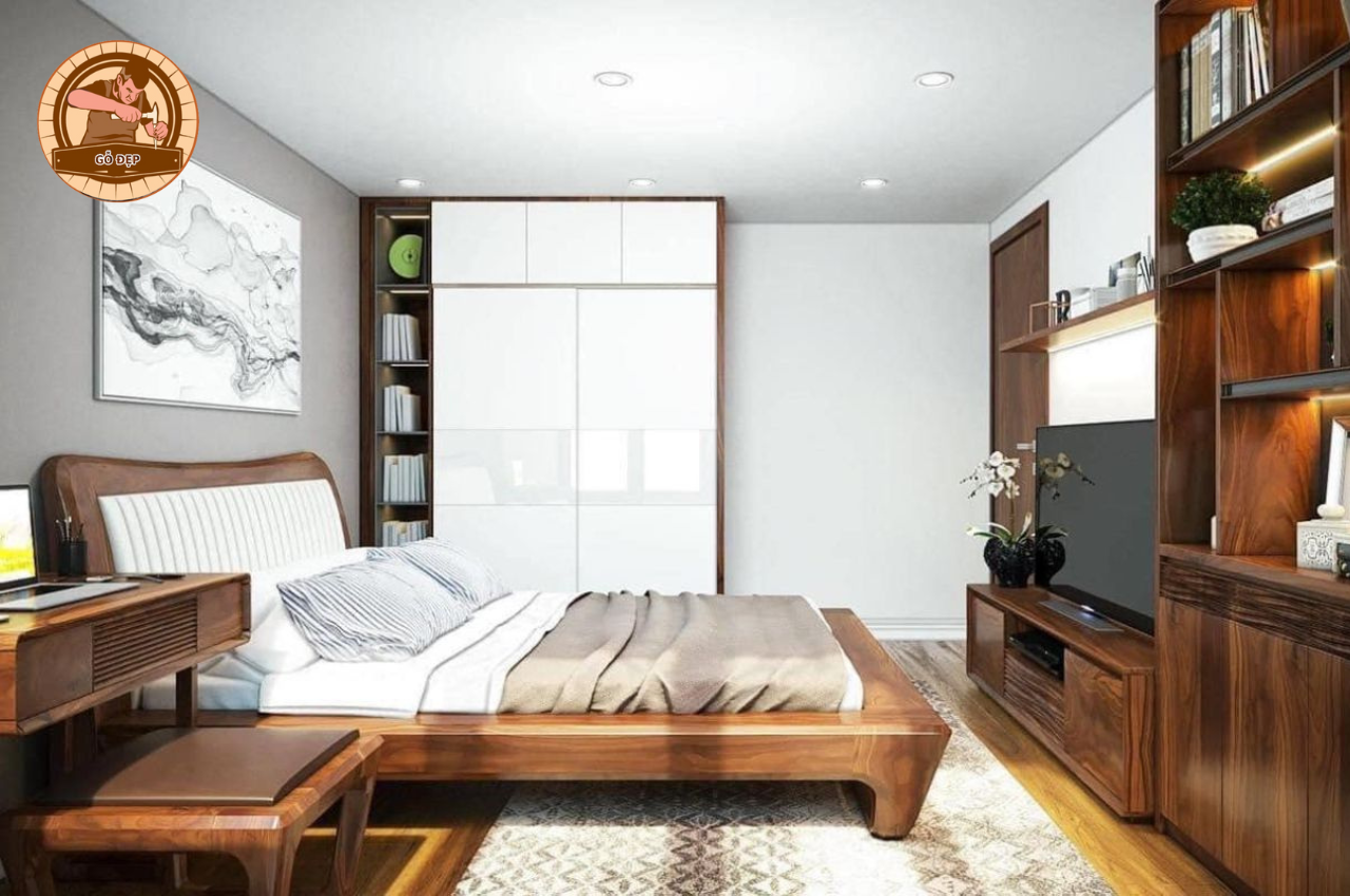 Giường ngủ gỗ tự nhiên chắc chắn, kiểu dáng đơn giản