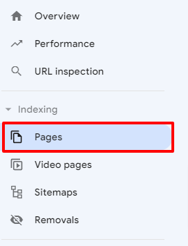 search console-da "Pages" hissəsi qırmızı haşiyəyə alınmış ekran şəkli