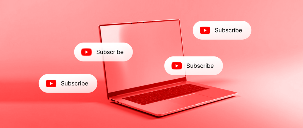 A laptop sits against a red background. YouTube icons float around it.
