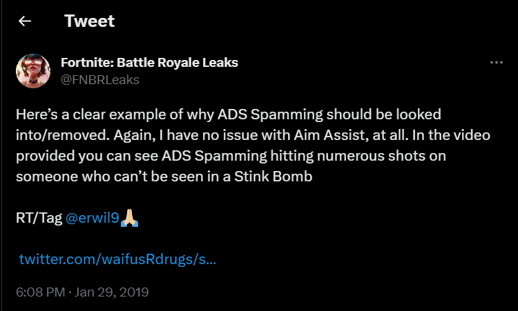 A screenshot of a twitter user disputing ADS spamming in Fortnite
