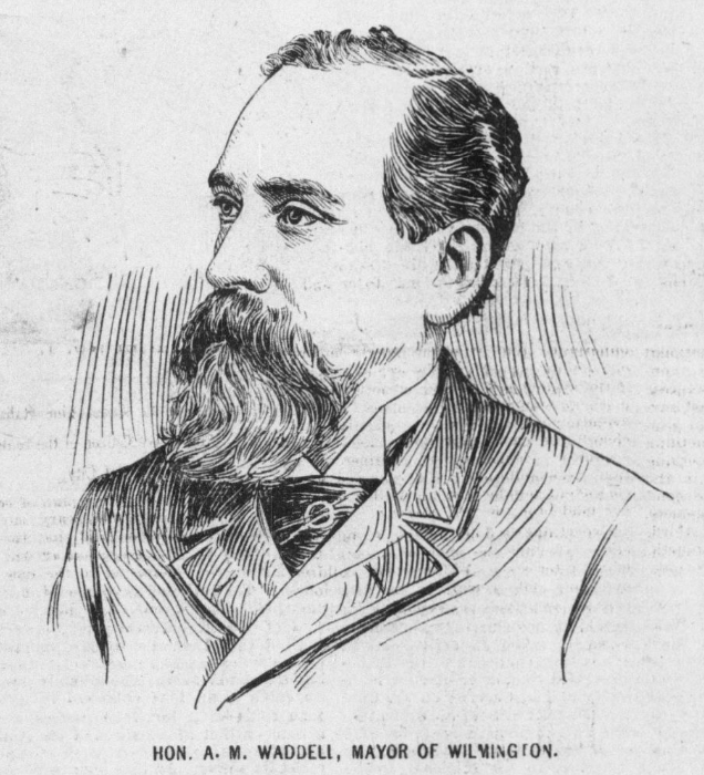 A pencil sketch of Alfred M. Waddell.  He is looking to the right.  He has a long beard and mustache and is wearing a suit and neck accessory.