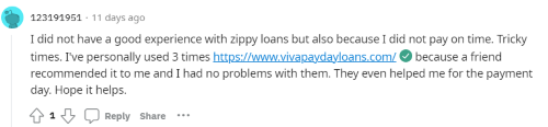 A person on Reddit shares their negative experience with ZippyLoan. 