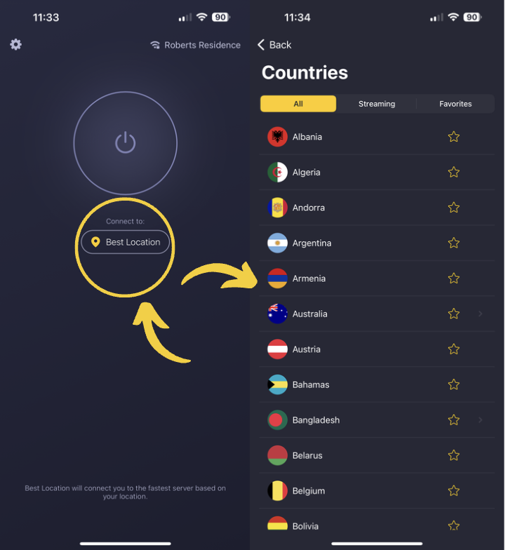Screenshot of CyberGhost VPN iOS app connect button and server list.