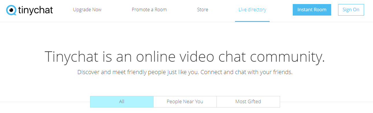 Screenshot of the Tinychat platform displaying available chat rooms.