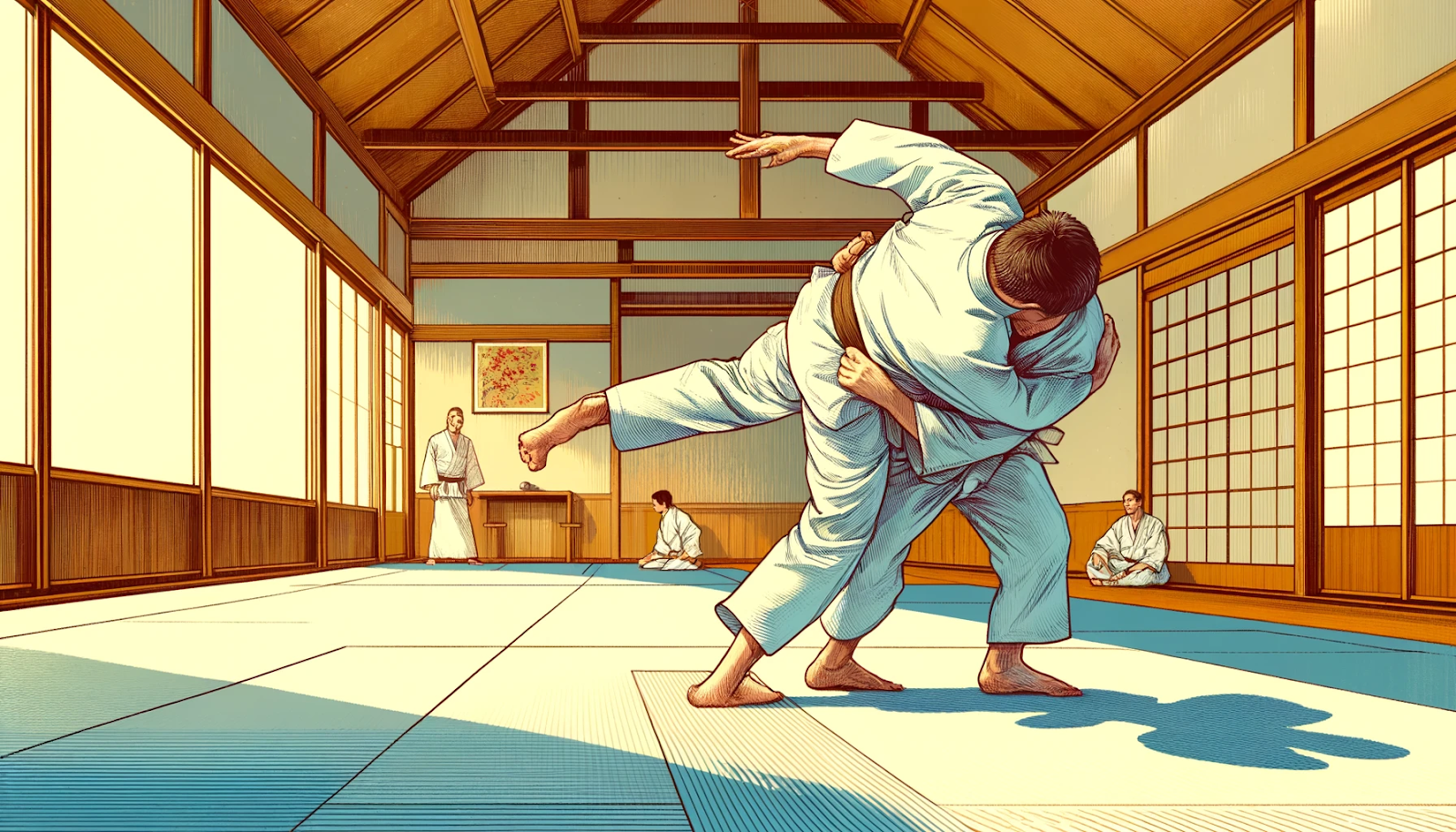 Two students performing a Judo throw.