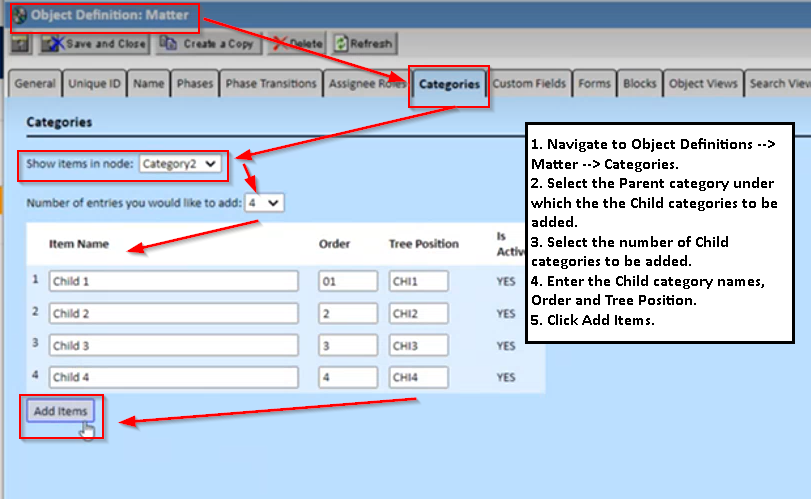 Select Category for Create Matters